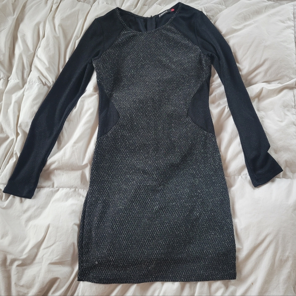 Black dress with metallic silver threads. Size Small. Long sleeve.